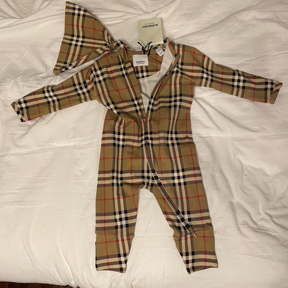 Burberry Tan Checkered Infant Jumpsuit